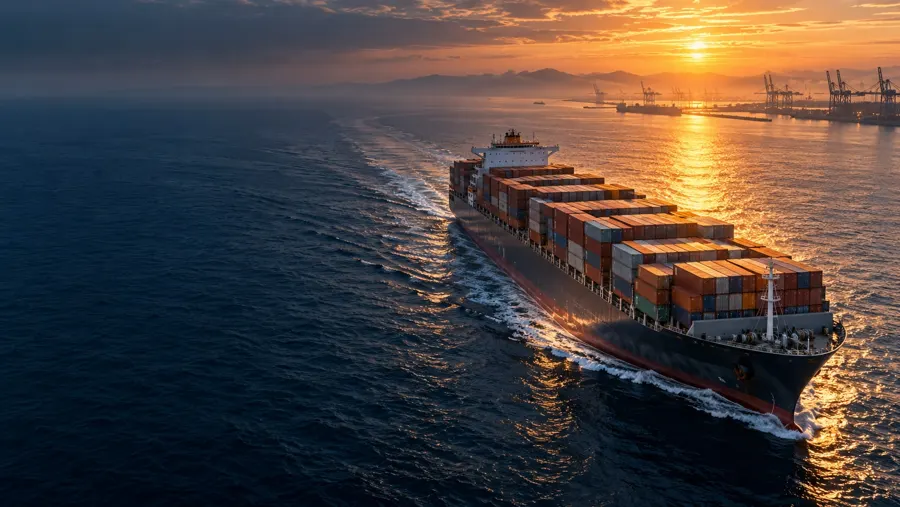 Nave portacontainer al tramonto